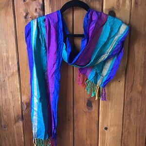 Jewel Tone Striped Scarf Fringe Neck Kerchief Head Wrap